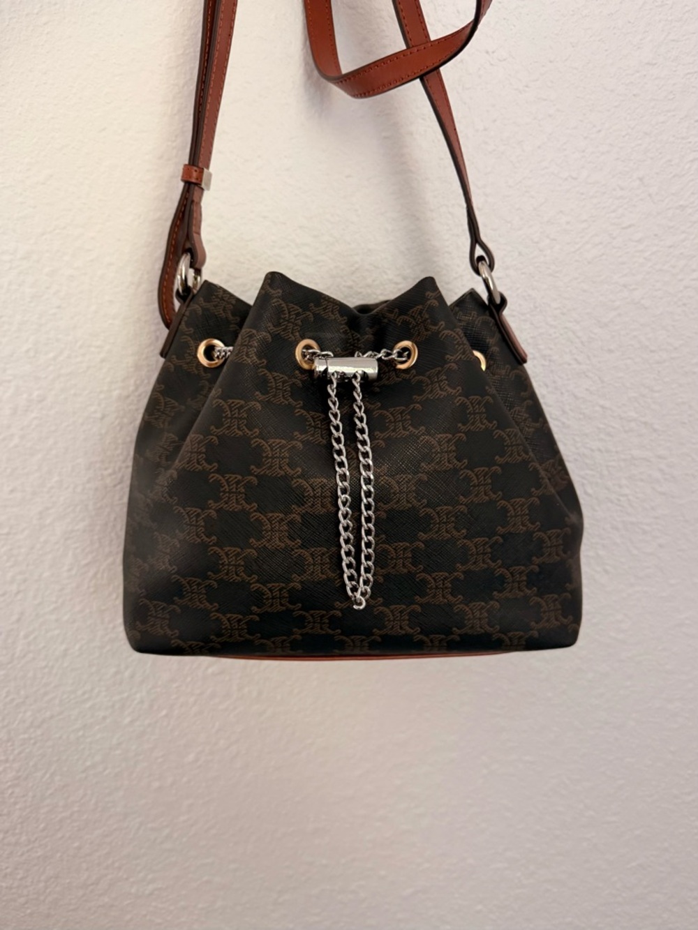 Drawstring Bucket Bag Brown Monogram Crossbody Shoulder Bag Lightweight PVC